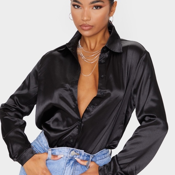 PrettyLittleThing Tops - Black Satin Button Up Shirt